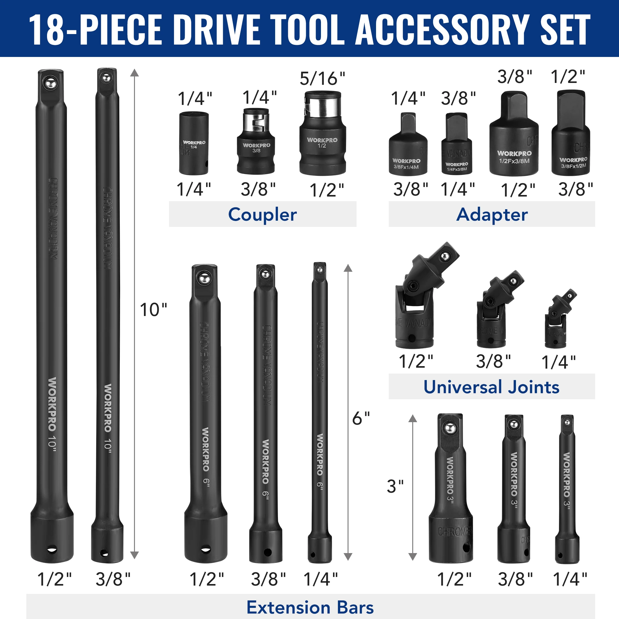 WORKPRO 18Pieces Drive Tool Accessory Set Includes Socket Adapters Socket Extension Bar Swivel Universal Joints Impact Coupler