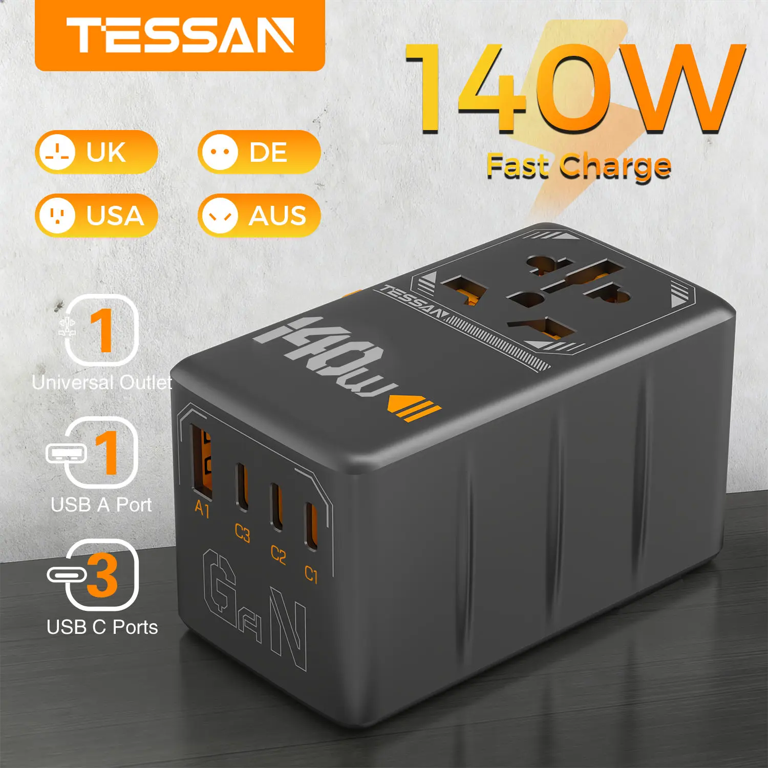 

TESSAN 140W/100W GaN Universal Travel Adapter with USB Port Fast Charging International Plug Adapter EU UK USA AUS for Travel