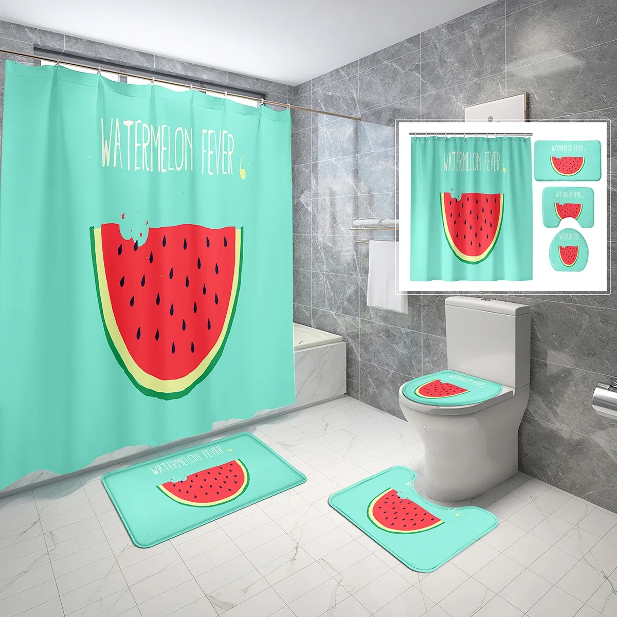 4 PCS Watermelon Shower Curtain Sets,Cartoon Summer Fruit Bathroom Waterproof Bath Curtain,Non-Slip Bath Mat Toilet Cover Set