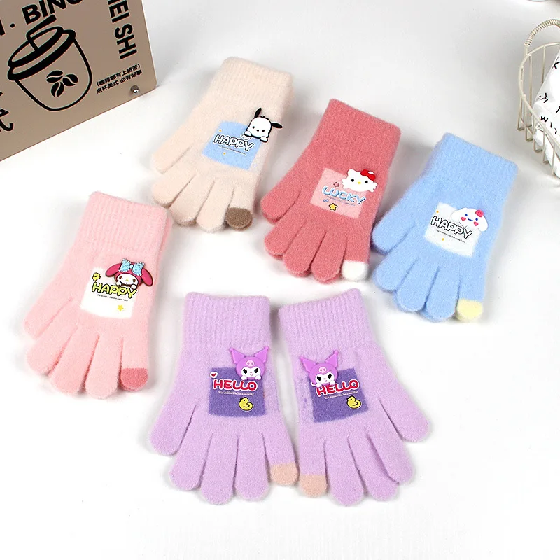 New Sanrio children's gloves cute cartoon girls warm five-finger split-finger gloves wool winter line knitting cold gloves