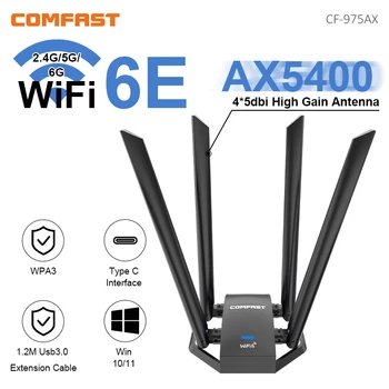 USB Wifi 어댑터 AX5400 WiFi6 Adaptador 네트워크 카드 2.4G 및 5G 및 6G 4 Antena Para PC 무료 드라이버 Wi Fi 동글 WPA3 Win10 11 CF-975AX