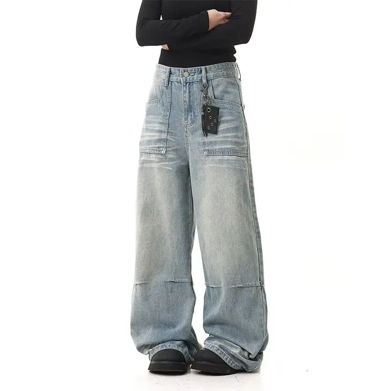

Retro American Waed Light Blue Men's Jeans Spring Autumn Thin Straight Loose Wide Leg Straight Tube Cool Floor-Length Pants