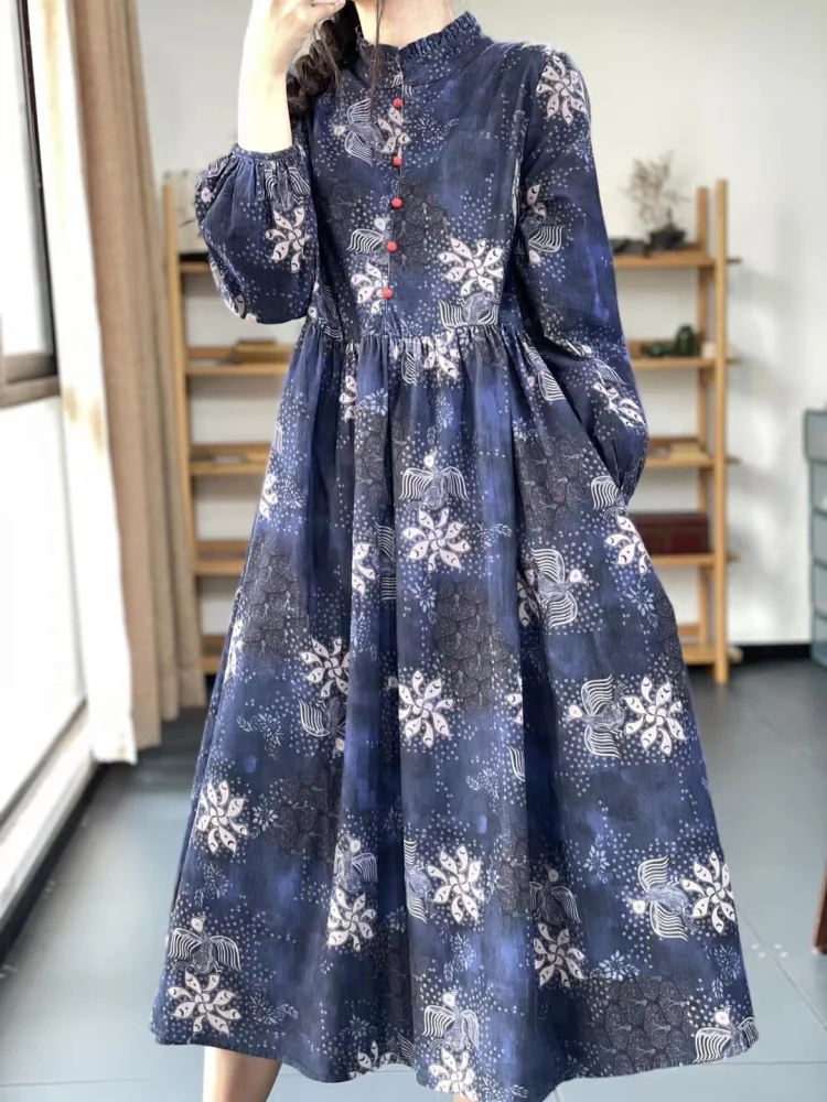 Retro artístico étnico estampa longa Sve feminino Dr primavera outono solto emagrecimento madeira ain saia coreana Sle A-Line...