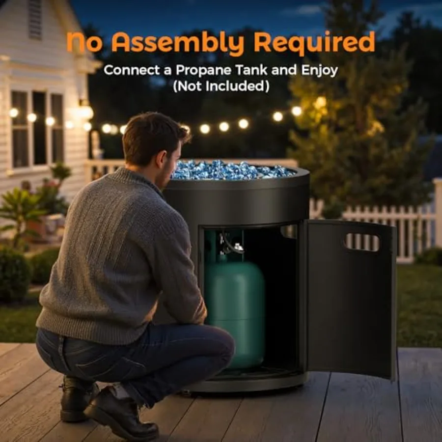 Outdoor propane fire pit with 50, 000 BTU output, stainless steel construction, matte black finish, weather-resistant and insta