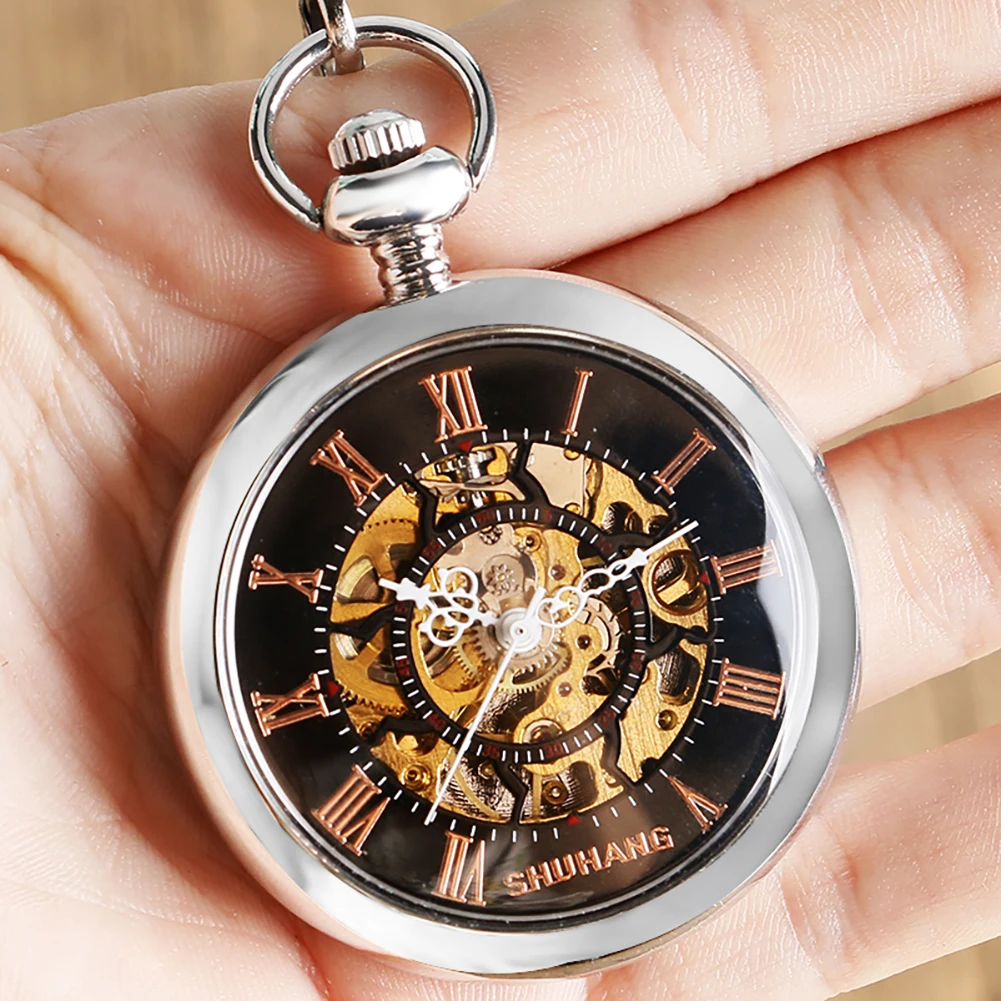 

Manual Mechanical Pocket Watches Pendant Hand-Winding Necklace Clock Silver Capless Black Roman Numeral Dial Pocket Watch Gifts