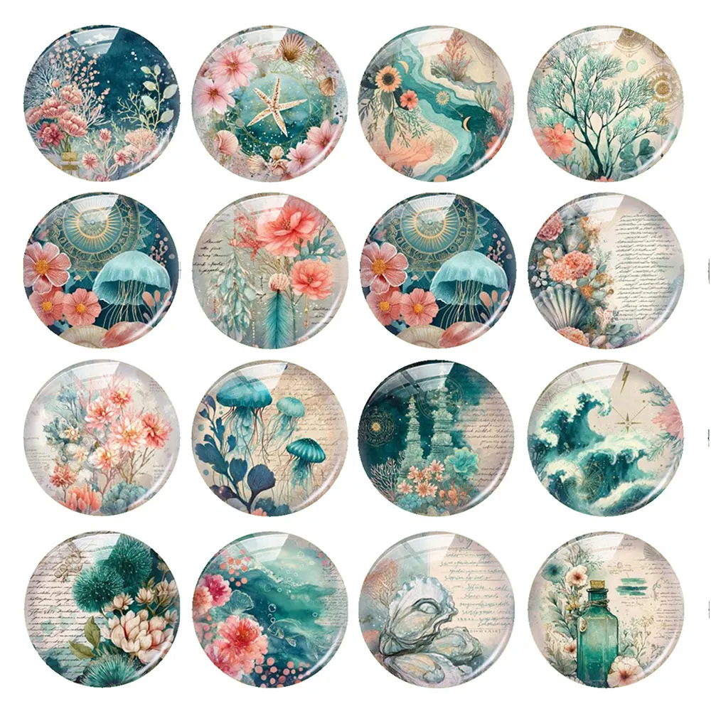 Random Mixed Round/Oval/Square Ocean Nautical Jellyfish Seashell Photo Glass Cabochon Flatback Demo Cameo For Diy Jewelry Making