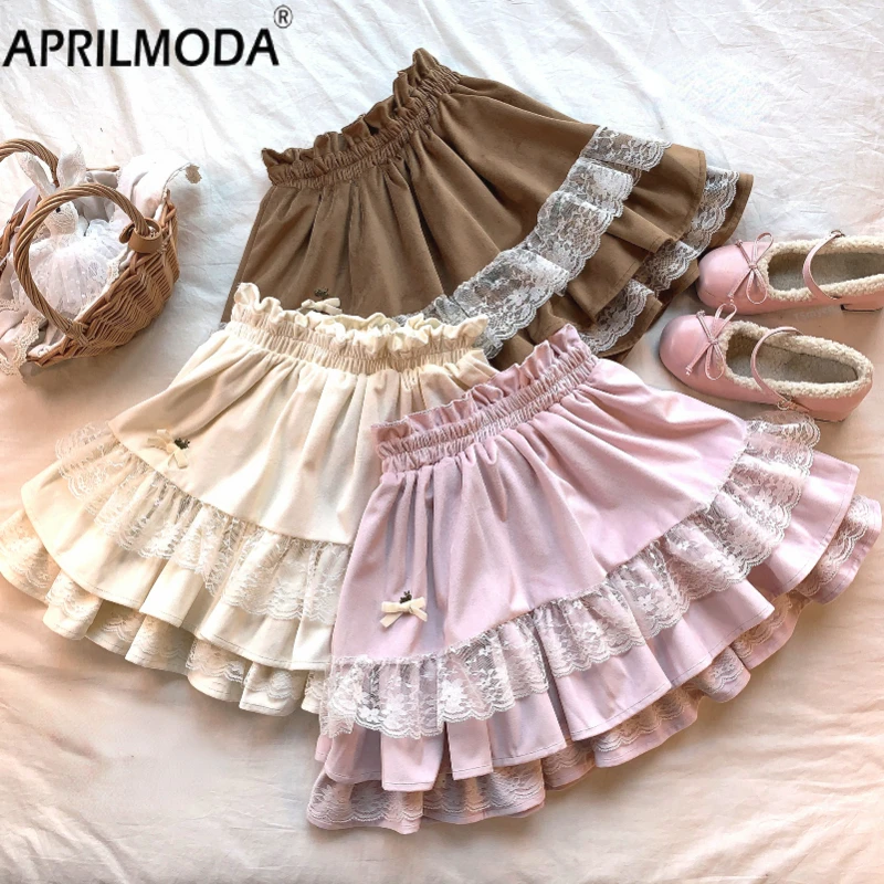 Preppy Style Women Bunny Bow Hight Waist Skirts Japanese Kawaii Lolita Velvet Skirt Female Elegant Sweet Lace A-line Party Skirt