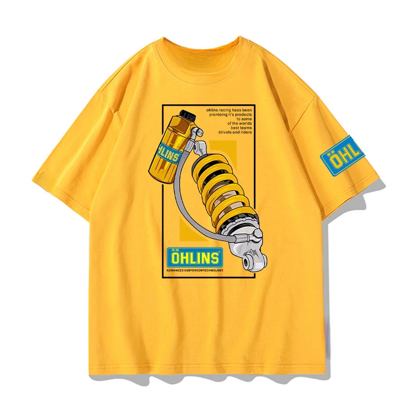 OHLINS YEllow T-shirt Collection Motorcycle Shock Absorber Print Short Sleeve T-shirt Racing Fan Clothes