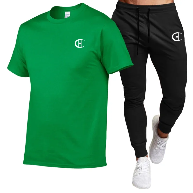 2025Summer Clothing Fashion comfort men's suit 100% cotton T-shirt short-sleeved top + black casual sweatpants two-piece set