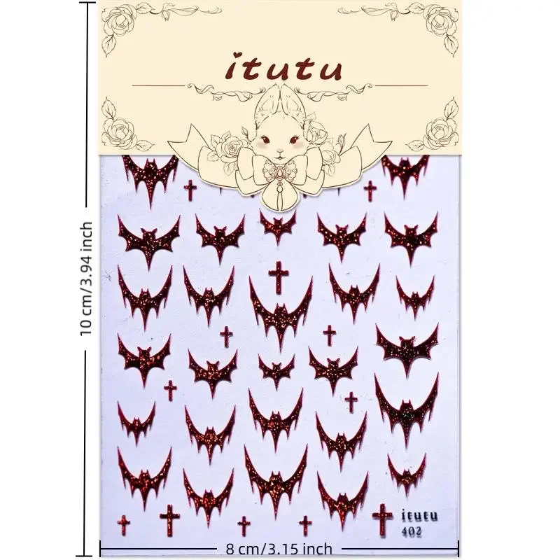 1sheet Halloween  Dazzling Laser Gothic Dark Bat Cross Adhesive Nail Art Stickers Decals Manicure Shiny Red Silver Black Charms