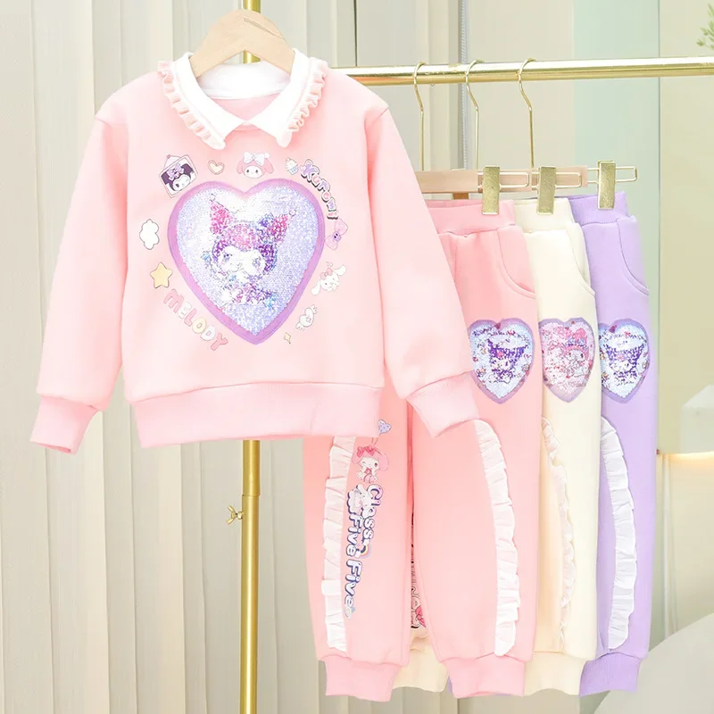 2 pz/set Sanrio Anime Kuromi Melody Kid Girl peluche felpa cappotto + Sweatpant bambino carino caldo abbigliamento sportivo tuta abbigliamento Casual