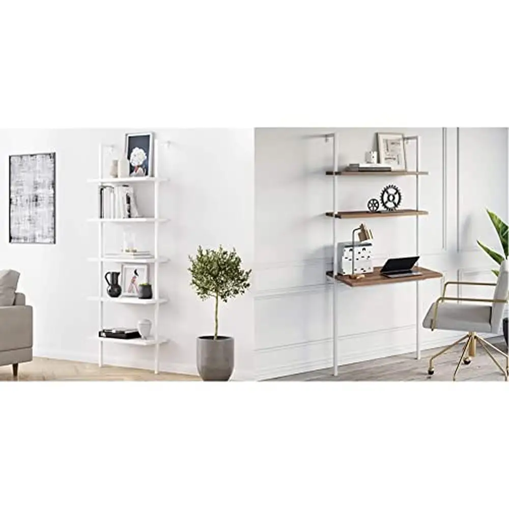 

Theo Industrial 5-Tier White Bookcase & 2-Shelf Wall Mount Desk Modern Minimalist Style Durable Metal Frame Small Computer