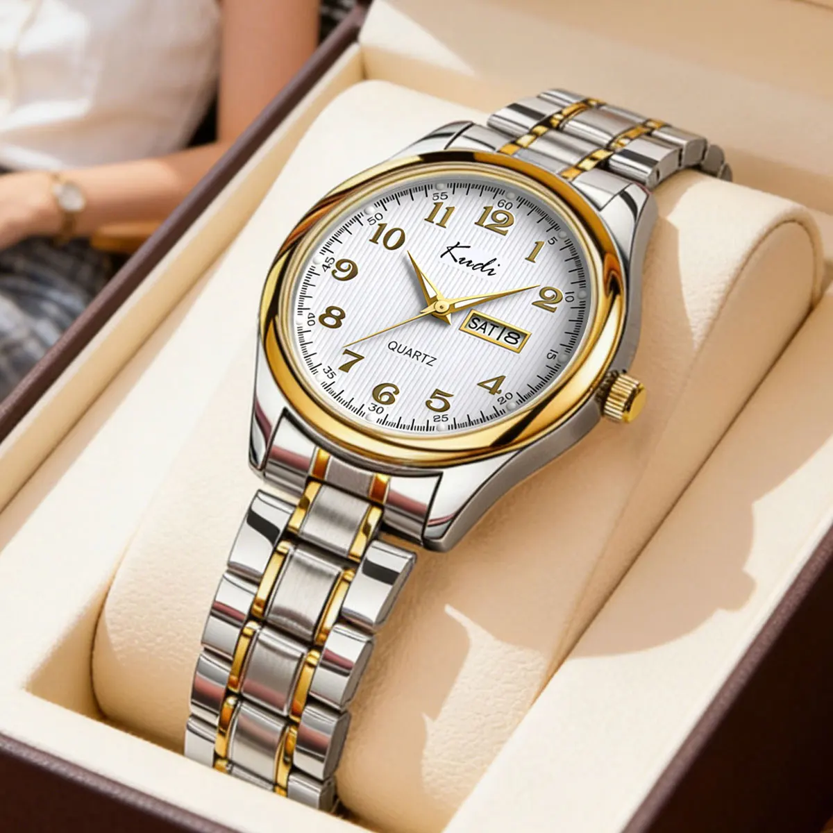 Trendy Business Girls Watch Stainless Steel Belt Simple Digital Sunday Calendar Casual Quartz Watch Women