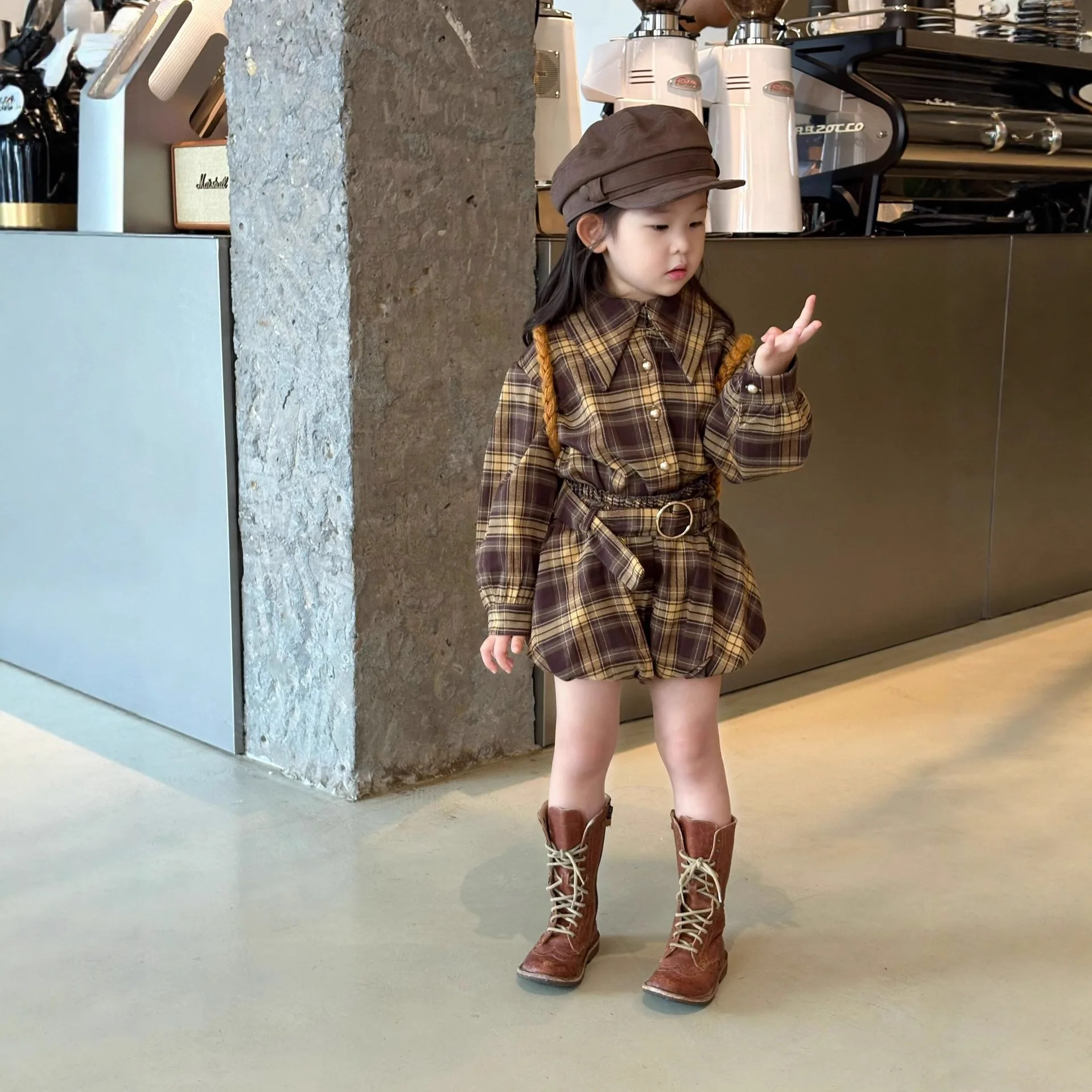 Girls Set 2026 Korean Edition Autumn New Checkered Shirt with Lantern Skirt Two Piece Set Elegant and Stylish Daily Wear