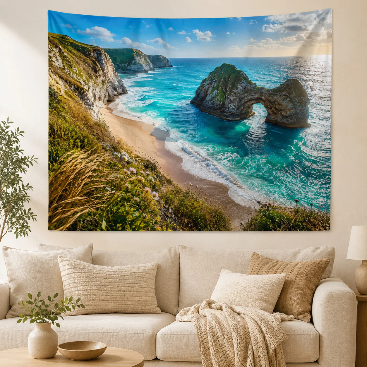 Ocean Beach Tapestry Wall Hanging Polyester Woven Boho Room Decor Aesthetic Coastal Cliff Arch Cave Landscape Backdrop Blanket