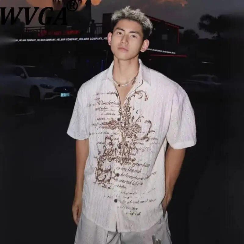 

WVGA Summer New Man American Style Hollow Out Design Printed Knitted Trendy Short Sleeve Shirt Niche Chic Casual Tops Ins W23589
