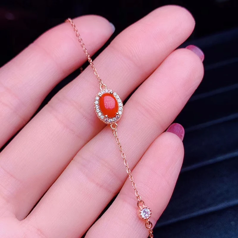 Jewelry Red Coral Bracelet for Daily Wear 5mm*7mm Natural Red Coral Silver Bracelet 925 Silver Coral Jewelry