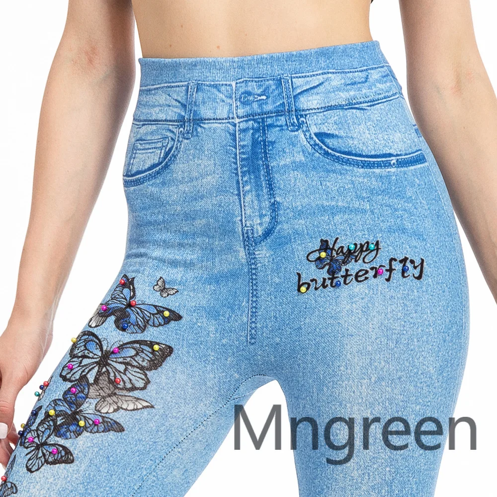 

2025 новые европейские и американские модные джинсовые леггинсы с имитацией бисера для женщин, сексуальный живот и бедра с принтом бабочки
