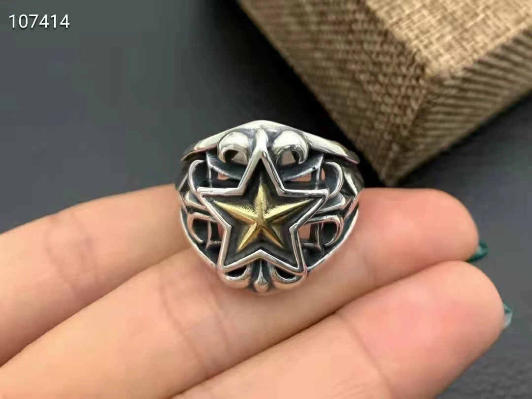 European and American retro hollowed out pure silver five pointed star ring with wide face index finger, handsome silver jewelry