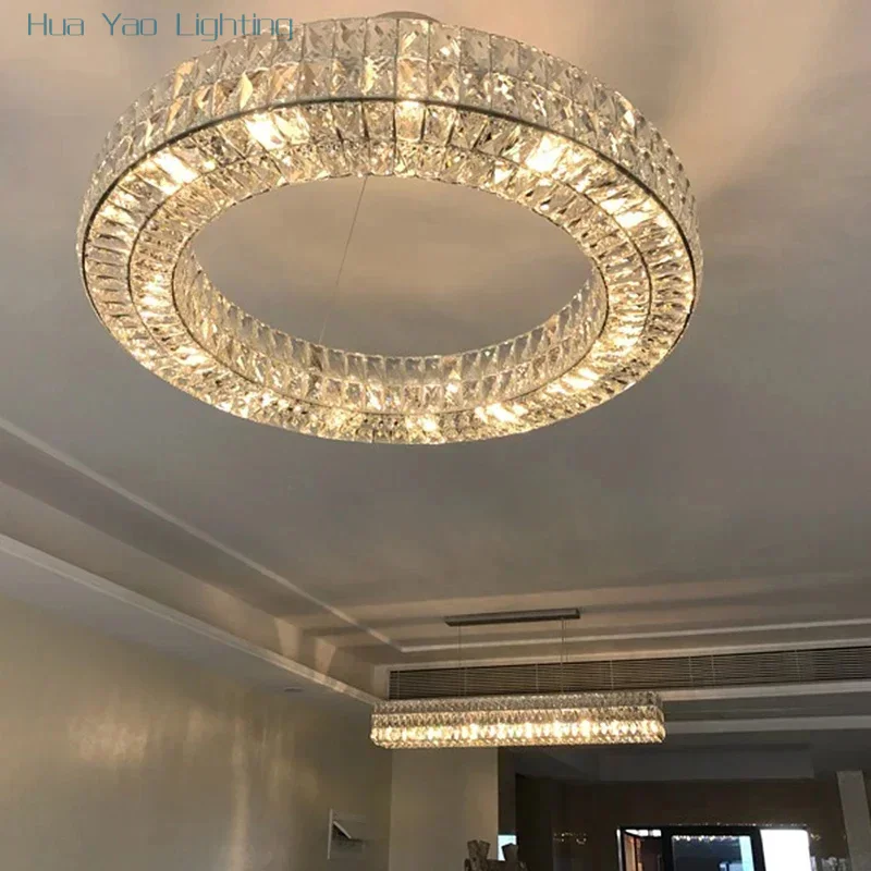 Modern Round Crystal Chandelier LED Golden Silver Color Changeable Hanging Light for Living Room Bedroom Indoor Decor Fixture