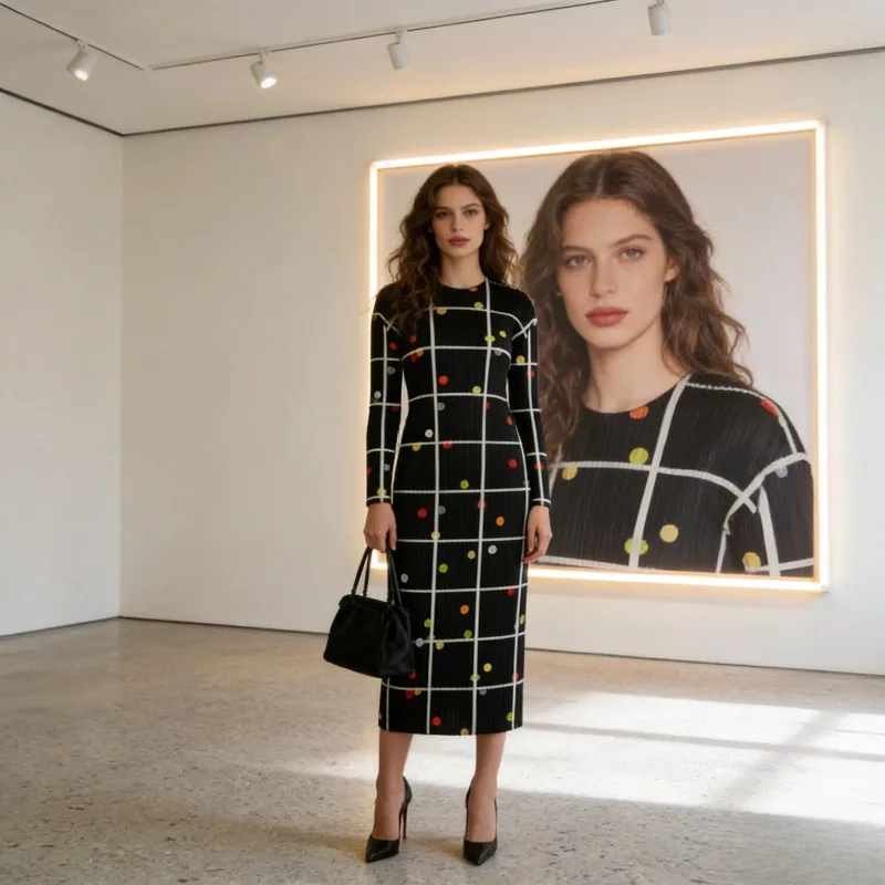 

Новый плиссированный костюм в японском стиле от Miyake: модный ретро-образ с принтом в горошек, свободный крой, высокая эластичность, повседневная плиссированная одежда