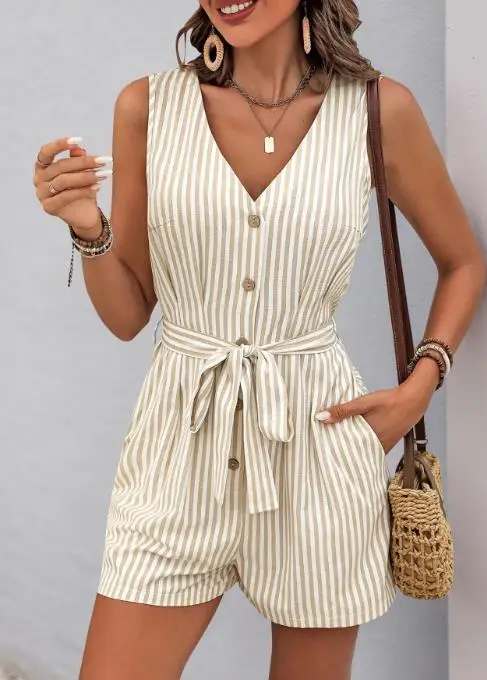 

Women's Jumpsuit 2025 New Minimalist Jumpsuit Design with V-Neck Sleeveless Striped Jumpsuit Shorts Shipped Within 48 Hours