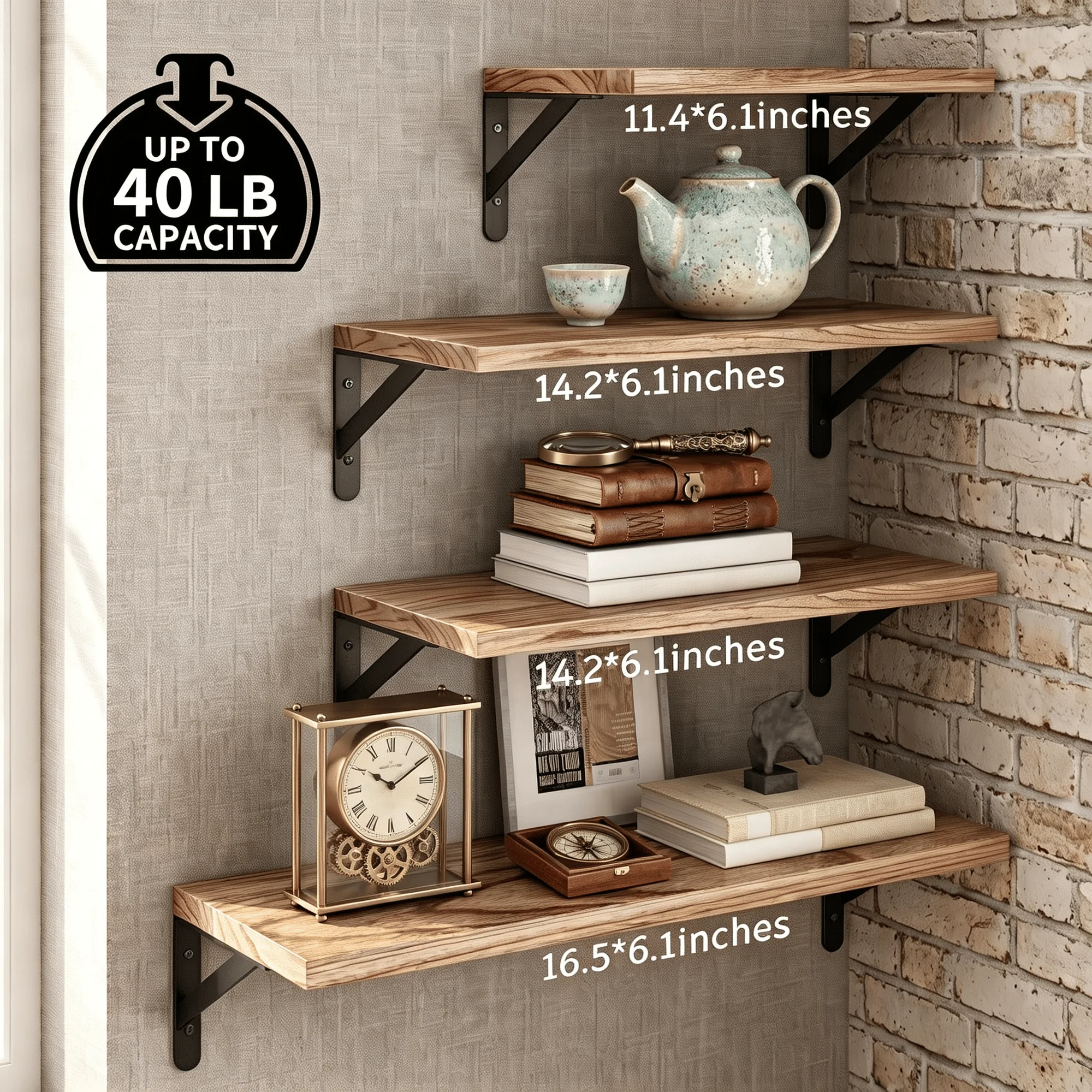 Floating Shelves Wall Mounted Set of 4, Rustic Paulownia Wood Wall Shelves with Black Metal Brackets, Torched Wood Storage Shelf for Bedroom Living Room Bathroom Kitchen, Includes Level & Screwdriver