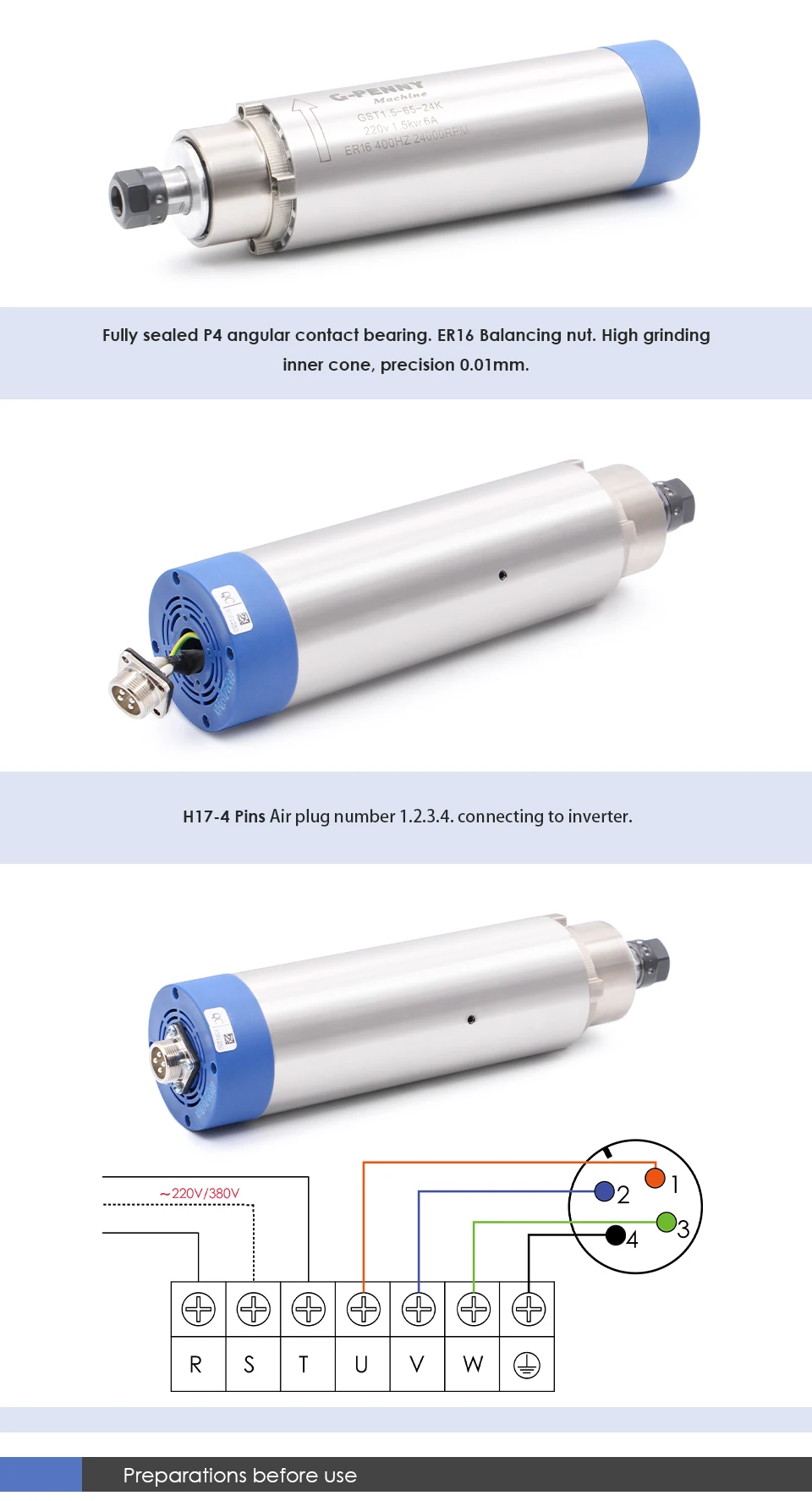 G-Penny 220V 1,5kW ER16 65mm luftgekühlter Spindelmotor 4 Stück Lager 400Hz 24000U/min für CNC-Holzbearbeitung – Detail 4