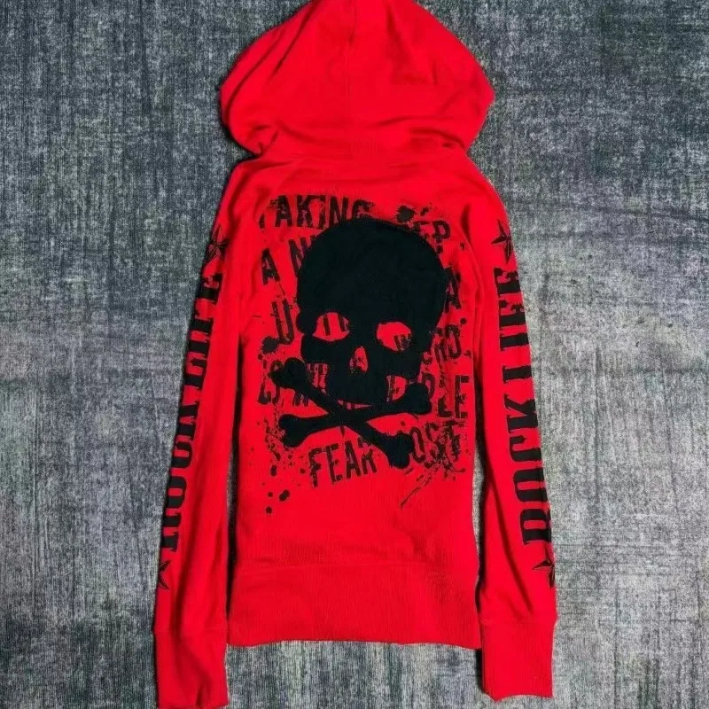 Herbst Frühling Damen Herren Oberteile Jacken Sweatshirts Hoodies Totenkopf-Print Subkultur Nieten Reißverschlüsse Minimalistisch Lässig Modisch