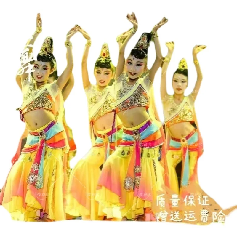 

Детский танцевальный костюм Dunhuang, Классический Летающий танцевальный этнический костюм в облако, фестиваль, костюм для выступлений Пипа