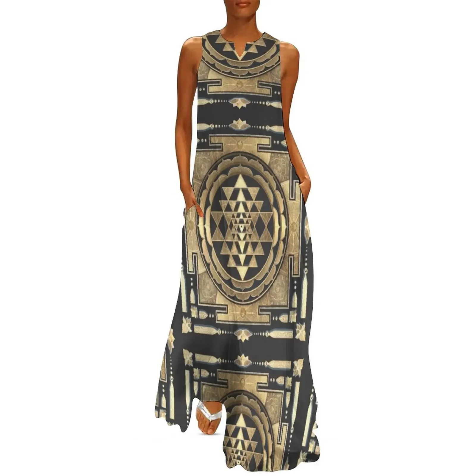 

GOLDEN SRI YANTRA (deep charcoal background) Long Dress Women dresses summer loose women's dress summer dress woman 2025