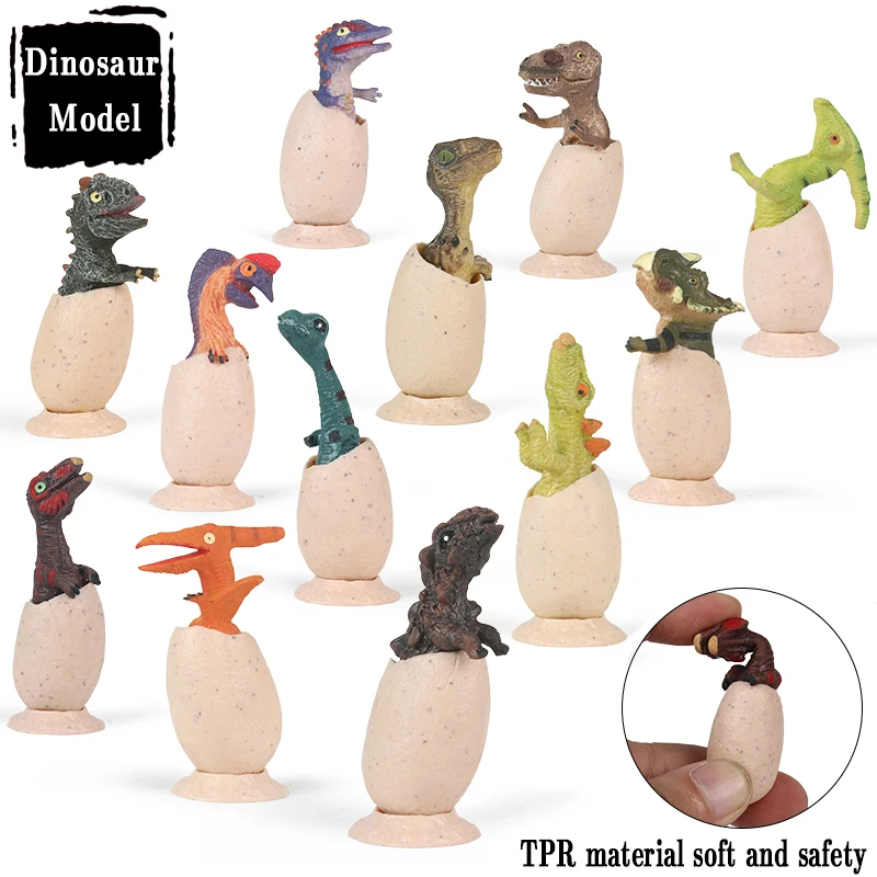 Oenux 12pcs/set Jurassic Dinosaur Semi Hatching Egg Model T-REX Action Figures Cute Cartoon TPR Miniature Cake Toppers Kids Toy