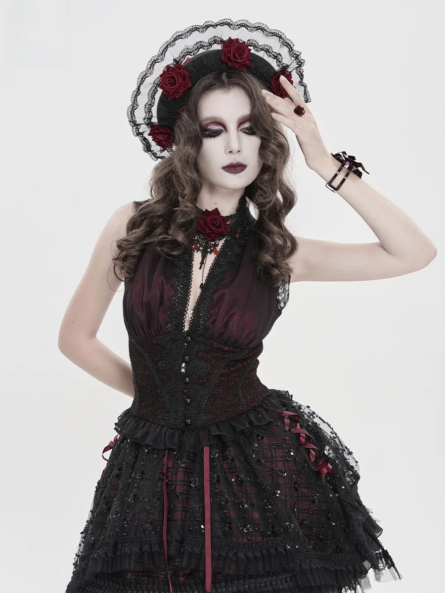 

Devil Fashion Short T-Shirt Backless Lace Shoulder Gothic V-neck Lace Eyelash Devil Style Women's Ethnic Costume Stage Wear