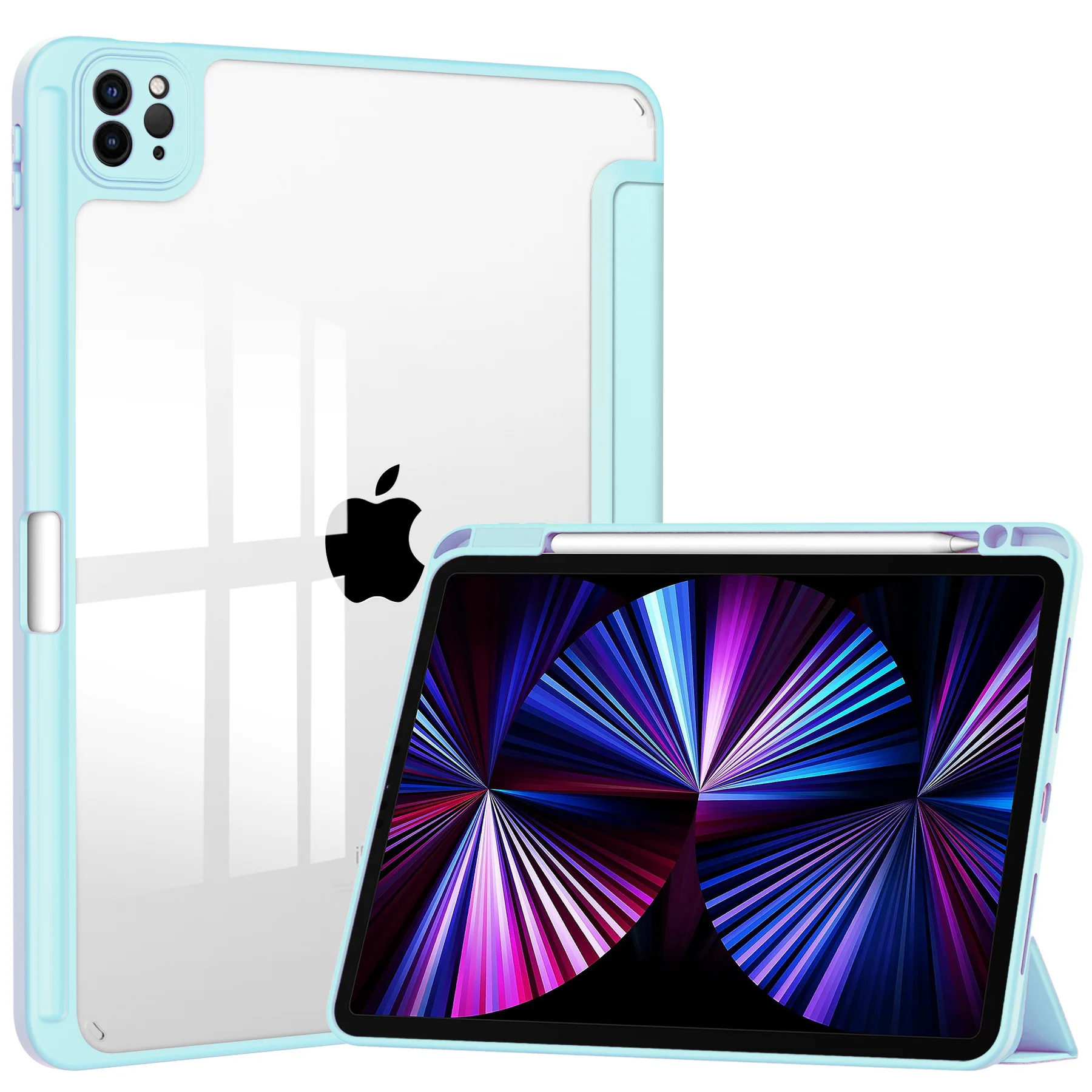 Case for iPad Pro 11 2018 2020 2021 2022 Tablet, Three Fold Stand Protective Cover, Auto Wake-Up/Sleep Clear Transparent Back