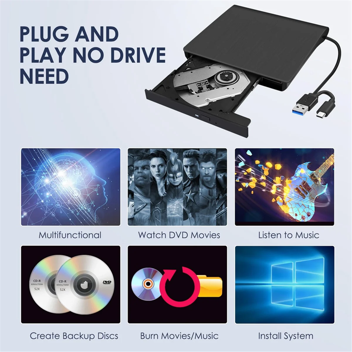 ABDX-CD DVD externo +/-RW Drive, USB 3.0 e USB-C portátil CD e DVD ROM Burner Player Reader Writer Rewriter Disc