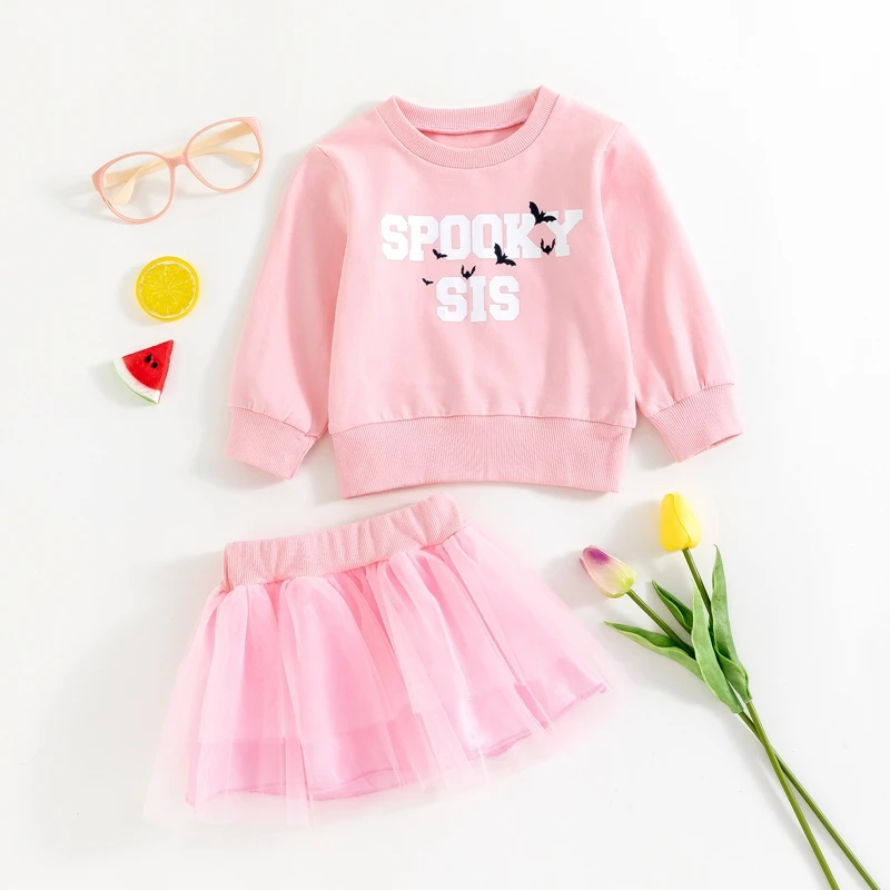 2024-05-31 Lioraitiin Toddler Girls 2Pcs Halloween Outfits Long Sleeve Bat Letter Print Sweatshirt +Tulle Skirt Set Baby Clothes