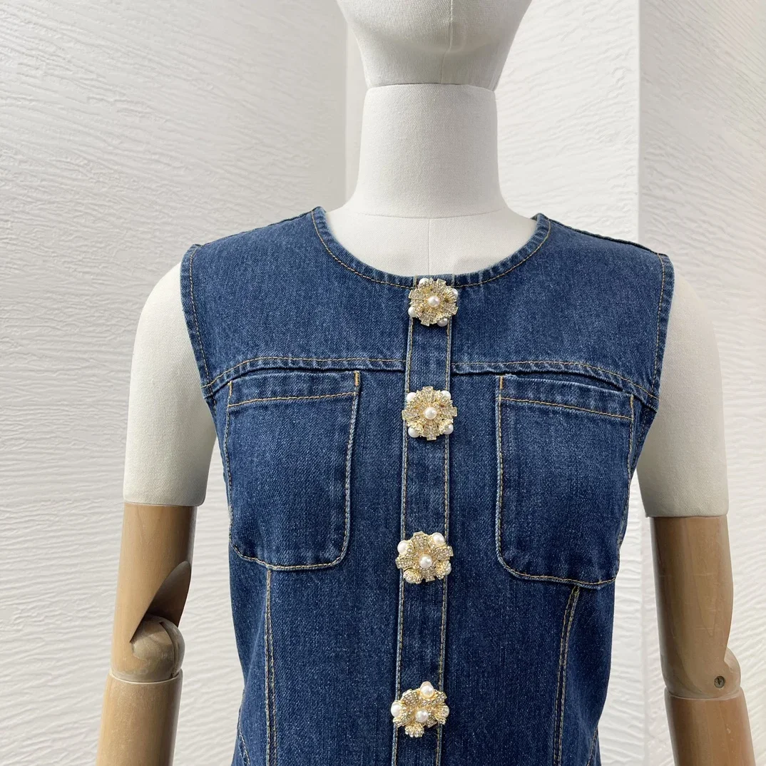 Nuove donne Denim Design Series vita senza maniche bottoni a trapezio 2024 cotone di alta qualità Mini Lady Summer Tank Dress