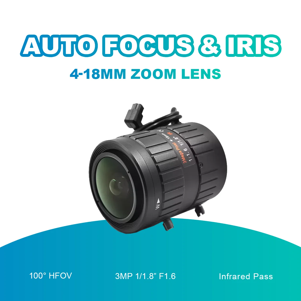 

1/1,8 дюйма 3 МП f1,6 100 ° HFOV Автоматический зум 4–18 мм с ИК-креплением C Ручной объектив FA для высокоточного контроля