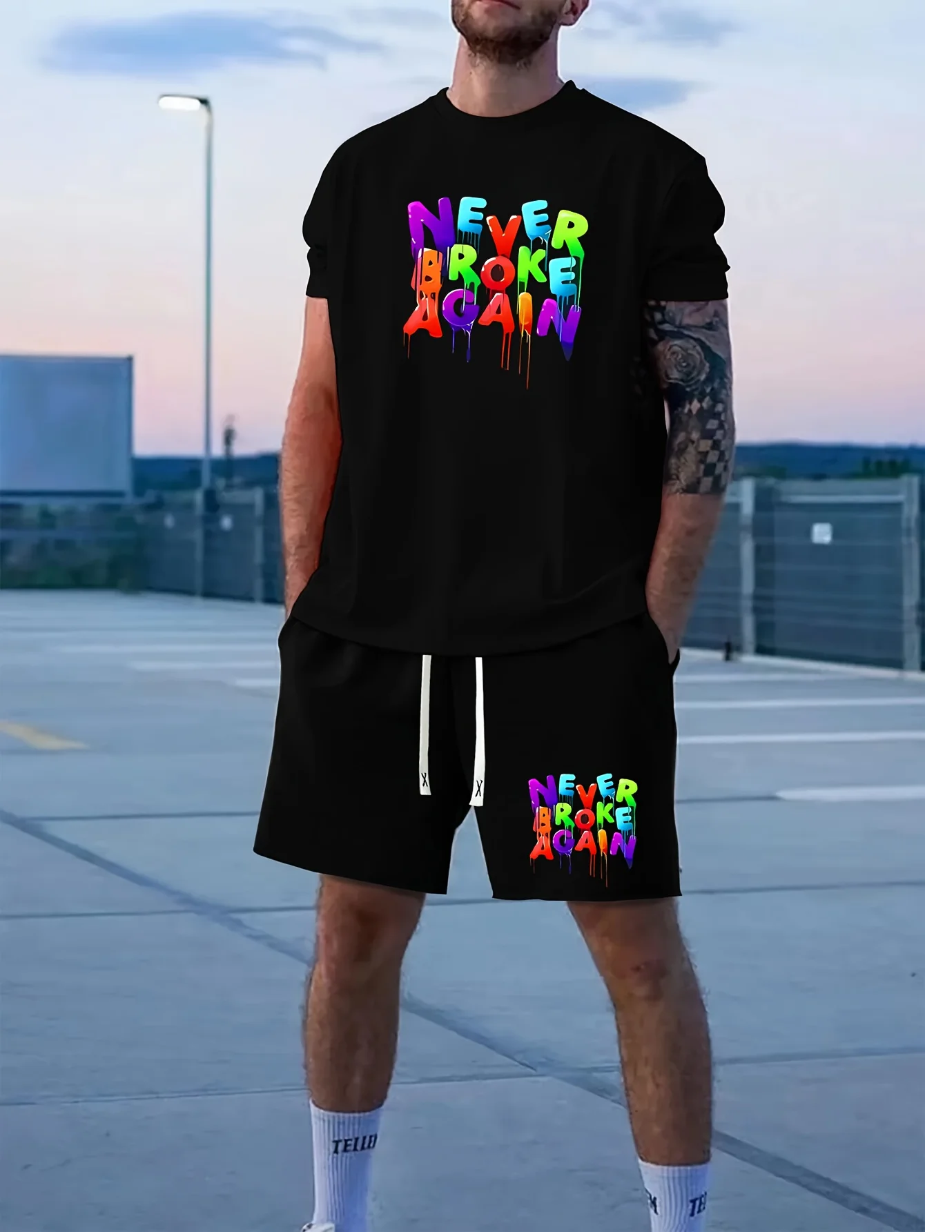 2025 Spring/Summer Unisex Short-Sleeve Sets Letter Print Multi-Color Two-Piece Sets Fashionable Retro Hip-Hop Sportswear Sets