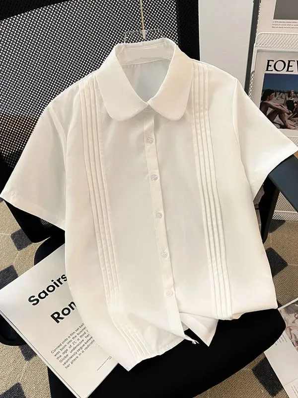

Elegant White Uniform Shirt Women's Basic Short Sleeve Accordion Pleat Premium Quality Button up Top from China