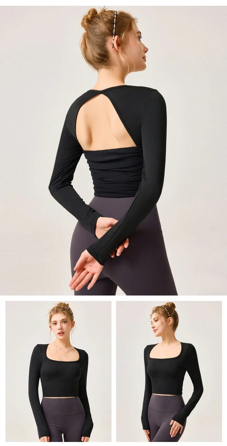 Schöne Yoga-Oberteile für Damen mit Brustpolstern, All-in-One-Lauf- und Trainingsbekleidung, Sportbekleidung mit langen Ärmeln, Fitnessbekleidung, Pilates – Detail 6