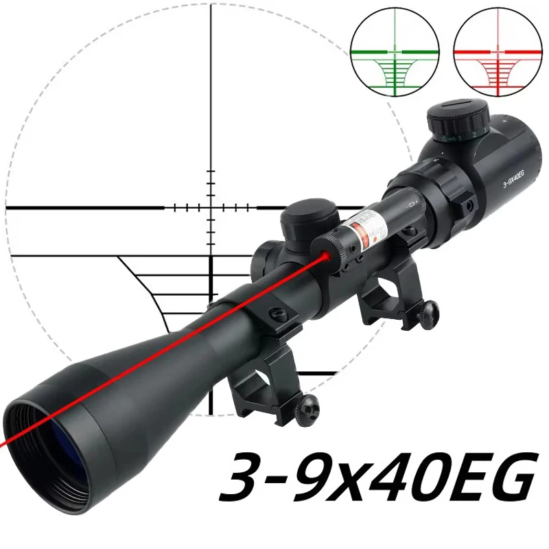 

3-9X40EG Red Green Adjustable Illuminated Riflescope Tactical Optic with Red-laser Aim Assist Scope Hunting Airsoft Sniper Sight