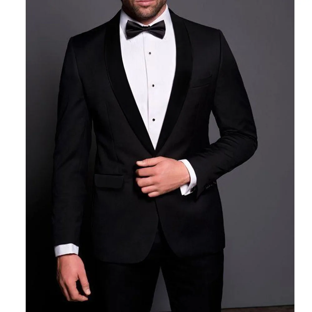 Black Slim Fit Luxury Wedding Men Suits High Quality 2024 Groom Outfits Set Shawl Lapel One Button 2 Piece Jacket Pants Blazer