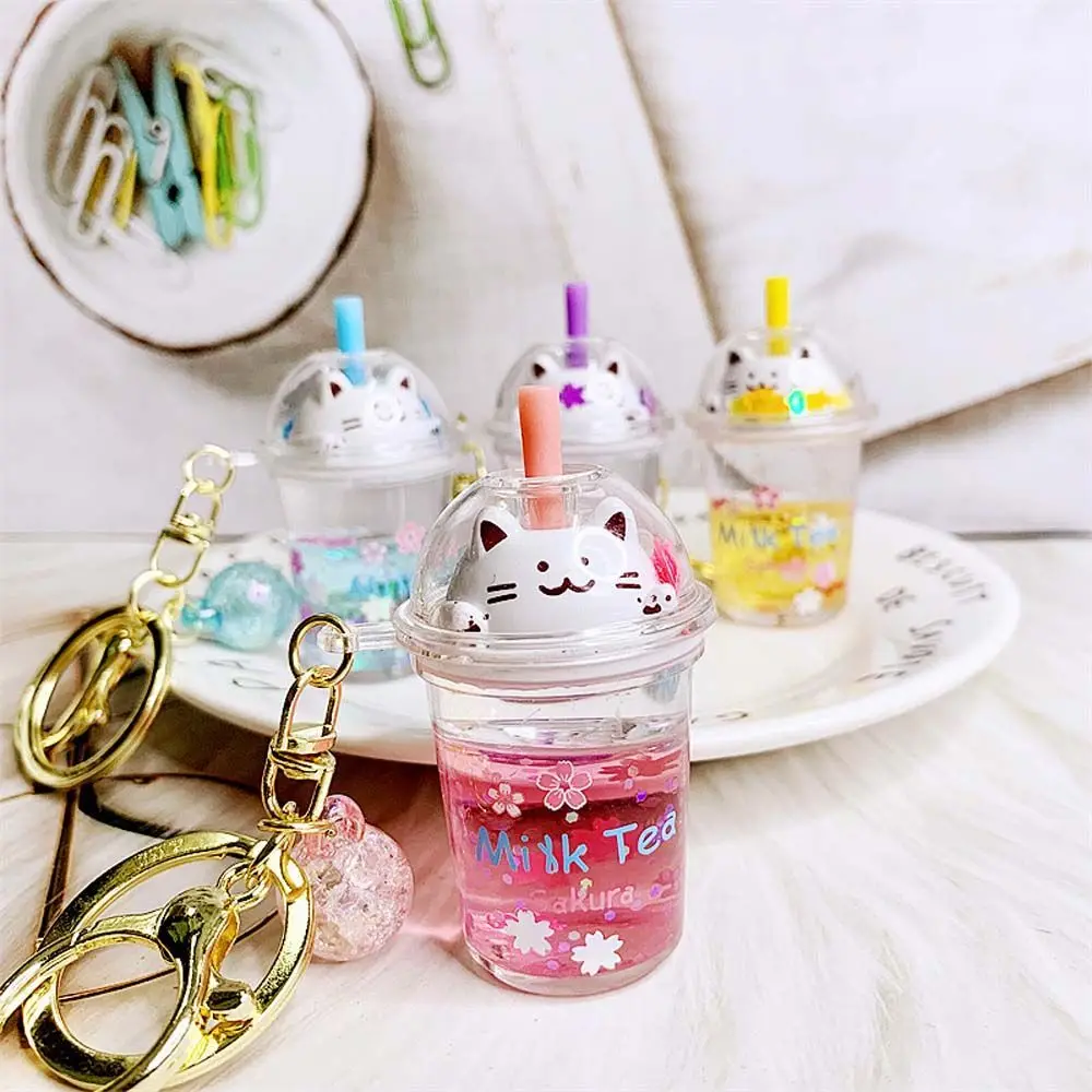 Mini Cute Cartoon Ornaments Bag Key Ring Kids Women Key Holder Sakura cat Key Ring Car Key Chain Milk Tea Bottle Keychain