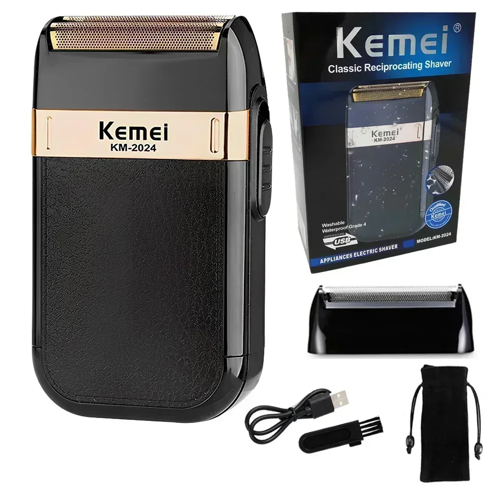 Kemei KM-2024 мужские электробритвы водостойкая бритва с возвратно-поступательной фольгой прецизионный триммер для бороды с двумя лезвиями перезаряжаемая с мешком