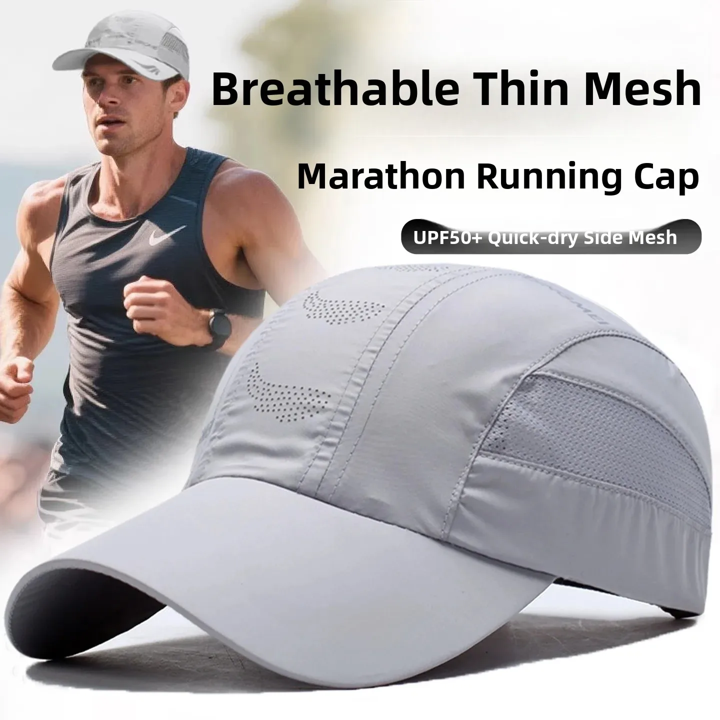 Professional Running Hat Marathon Sports Sun Protection Cap Men Summer Anti-Sweat Quick Dry Non-Heat Absorbing Light Gray Sun...