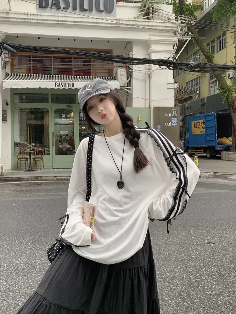 Kimotimo Lace Striped Bow Long Sleeve Design T-shirt Women Korean Style Casual Loose Mid Length Tops Summer Sweet Fashion Tees