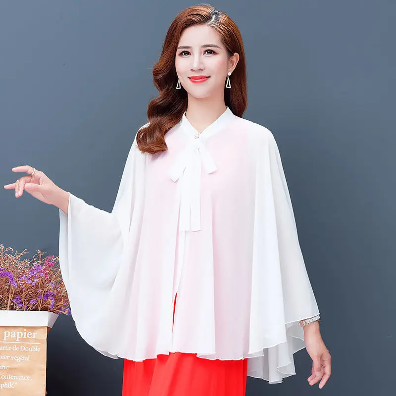 

2022 Summer New Shawl Chiffon Sunscreen Clothes Women Lace Up Cloak Thin Air Conditioning Cardigan Lady Poncho Capes White