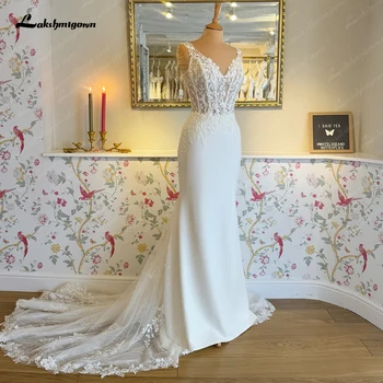 Lakshmigown Classic Satin Mermaid Wedding Dress for Women Customized Vestido De Boda Civil Bridal Boho Wedding Gowns Lace Bodice
