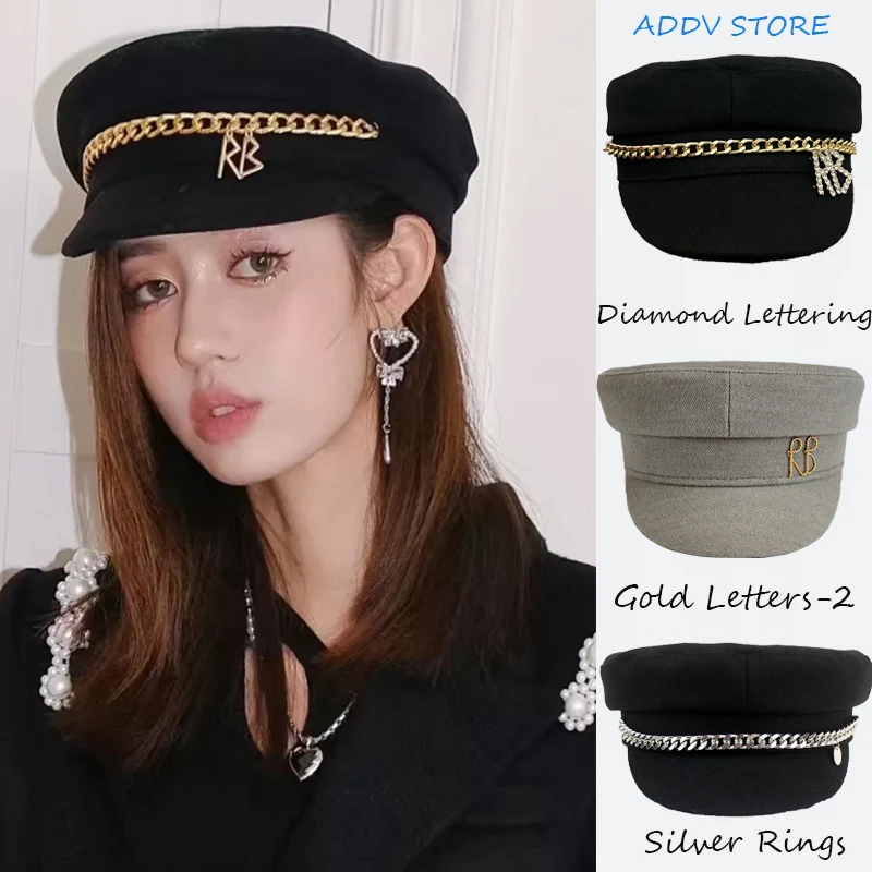 

Newsboy Caps Silver Gold Rings Pearl Letter Military Caps for Women Men Flat Visor Caps Baker Boy Chain Beret Hat Gorras Hombre